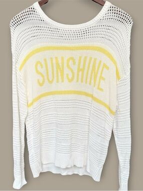 Rio & Rian White Open Knit "SUNSHINE" Graphic Pullover Sweater - Yellow/Ivory